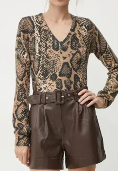 Morgan pantaloni scurti SHOANE femei, culoarea maro, neted, high waist, SHOANE imagine
