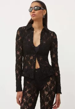 MSGM camasa femei, culoarea negru, cu guler clasic, slim, 3741MDE06.247624 imagine