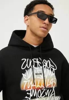 MSGM hanorac de bumbac barbati, culoarea negru, cu gluga, cu imprimeu imagine