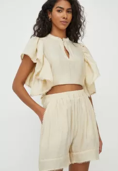 MUNTHE pantaloni scurti femei, culoarea bej, neted, high waist imagine