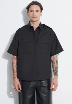 Neil Barrett camasa Loose Military Police Detail Short Sleeve Shirt barbati, culoarea negru, cu guler clasic, regular, MY60216A-Y037-001N imagine