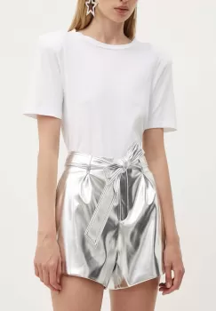 Never Fully Dressed pantaloni scurti Vegan Leather femei, culoarea argintiu, neted, high waist, NFDTR336 imagine