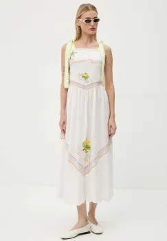 Never Fully Dressed rochie din amestec de in Corfu Midi culoarea alb, maxi, evazati, NFDDR1359 imagine