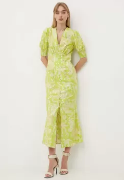 Never Fully Dressed rochie din amestec de in Lindos culoarea verde, maxi, evazati, NFDDR1310 imagine