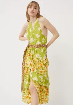 Never Fully Dressed rochie din bumbac culoarea verde, maxi, evazati imagine
