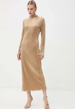 Never Fully Dressed rochie Gold Plisse Sophia Dress culoarea auriu, maxi, drept, NFDDR1589 imagine