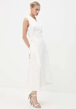 Never Fully Dressed rochie jeans Brooklyn culoarea bej, midi, evazati, NFDDR1501 imagine