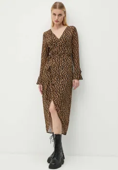 Never Fully Dressed rochie Leopard Sheer Wrap Dress culoarea maro, midi, evazati, NL28459 imagine