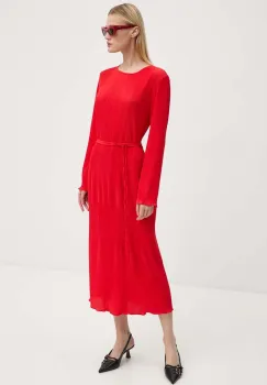 Never Fully Dressed rochie Red Gaia Plisse culoarea rosu, midi, evazati, NFDDR1549 imagine