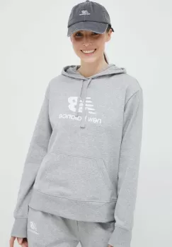 New Balance bluza femei, culoarea gri, cu gluga, cu imprimeu imagine