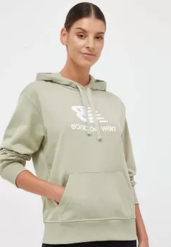 New Balance bluza femei, culoarea verde, cu gluga, cu imprimeu imagine