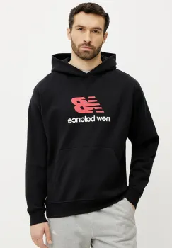 New Balance hanorac de bumbac barbati, culoarea negru, cu gluga, cu imprimeu, MT51512BK imagine