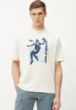 New Balance tricou din bumbac barbati, culoarea bej, cu imprimeu, MT51605LIN imagine