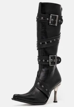 New Rock ghete de piele ITALI NEGRO + MALICIA TACON CARIBE ACERO femei, culoarea negru, cu toc cui, M-9029-C10 imagine