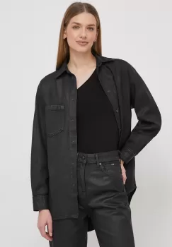Pepe Jeans camasa din bumbac ALIX COATED femei, culoarea negru, cu guler clasic, relaxed imagine