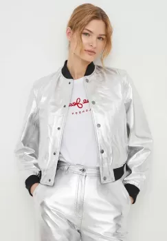 Pepe Jeans geaca bomber de piele femei, culoarea argintiu, de tranzitie imagine