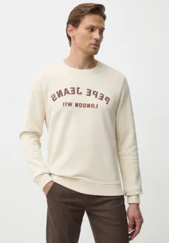 Pepe Jeans hanorac de bumbac ALDRIDGE CREW barbati, culoarea bej, cu imprimeu, PM582738 imagine