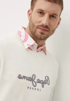 Pepe Jeans hanorac de bumbac SAUL CREW barbati, culoarea bej, cu imprimeu, PM582702 imagine