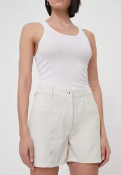 Pepe Jeans pantaloni scurti din amestec de in culoarea bej, neted, high waist imagine