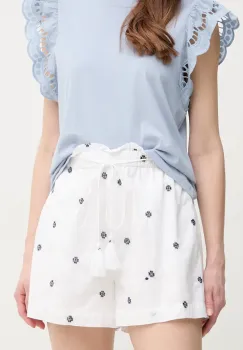 Pepe Jeans pantaloni scurti din bumbac EDNA femei, culoarea alb, cu imprimeu, high waist, PL801159 imagine