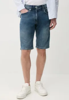 Pepe Jeans pantaloni scurti jeans SLIM GYMDIGO SHORT TRACK barbati, culoarea albastru marin, PM801075UI5 imagine