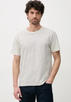 Pepe Jeans tricou din amestec de in WEST STRIPED PURNEY TEE barbati, culoarea bej, cu imprimeu, PM509761 imagine