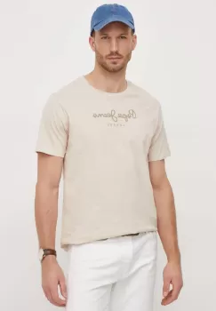 Pepe Jeans tricou din bumbac Eggo barbati, culoarea bej, cu imprimeu imagine