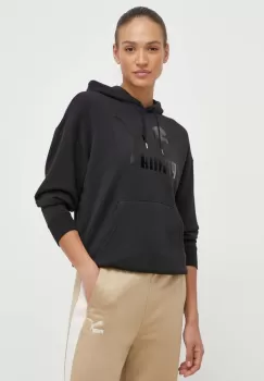 Puma bluza CLASSICS Shiny Logo Hoodie femei, culoarea negru, cu gluga, cu imprimeu, 625595 imagine