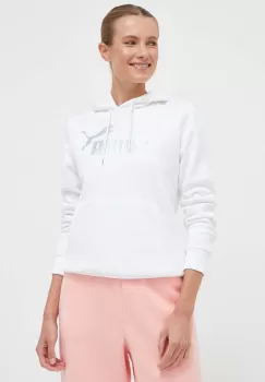 Puma bluza femei, culoarea alb, cu gluga, cu imprimeu imagine