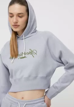 Puma hanorac de bumbac femei, culoarea gri, cu gluga, cu imprimeu, 624273 imagine