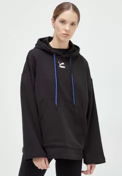 Puma hanorac de bumbac femei, culoarea negru, cu gluga, cu imprimeu imagine