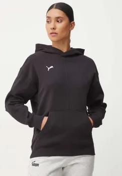 Puma hanorac de bumbac femei, culoarea negru, cu gluga, neted, 682719 imagine