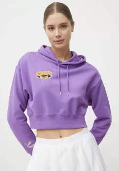 Puma hanorac de bumbac femei, culoarea violet, cu gluga, cu imprimeu, 624346 imagine