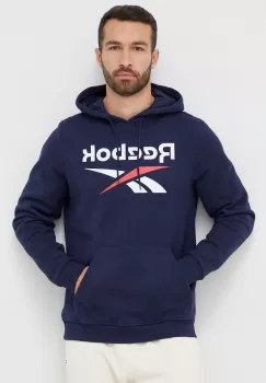 Reebok bluza barbati, culoarea albastru marin, cu gluga, cu imprimeu imagine