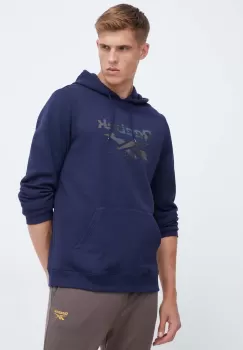 Reebok bluza barbati, culoarea albastru marin, cu gluga, cu imprimeu imagine