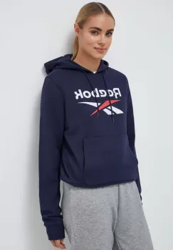 Reebok bluza femei, culoarea albastru marin, cu gluga, cu imprimeu imagine
