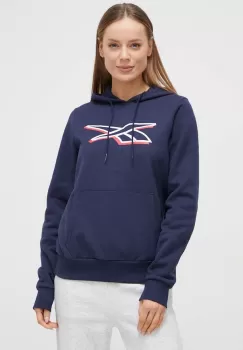 Reebok bluza femei, culoarea albastru marin, cu gluga, cu imprimeu imagine