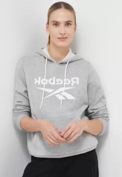 Reebok bluza femei, culoarea gri, cu gluga, cu imprimeu imagine