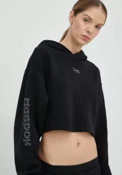 Reebok bluza femei, culoarea negru, cu gluga, cu imprimeu imagine