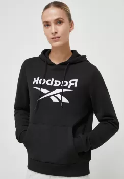 Reebok bluza femei, culoarea negru, cu gluga, cu imprimeu imagine