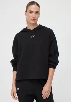 Reebok bluza femei, culoarea negru, cu gluga, neted imagine