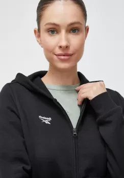 Reebok bluza femei, culoarea negru, cu gluga, neted imagine