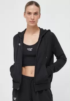 Reebok bluza femei, culoarea negru, cu gluga, neted imagine