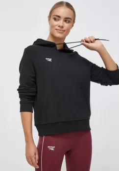 Reebok bluza femei, culoarea negru, cu gluga, neted imagine
