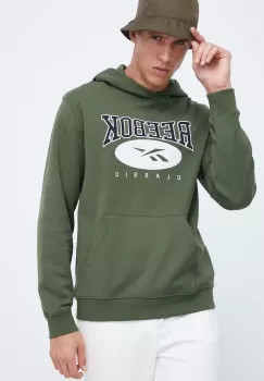 Reebok Classic bluza barbati, culoarea verde, cu gluga, cu imprimeu imagine