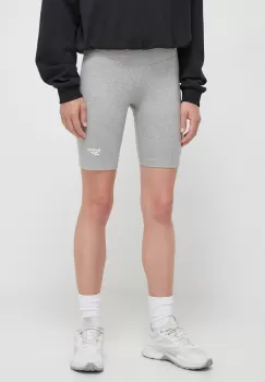 Reebok pantaloni scurti femei, culoarea gri, melanj, high waist imagine