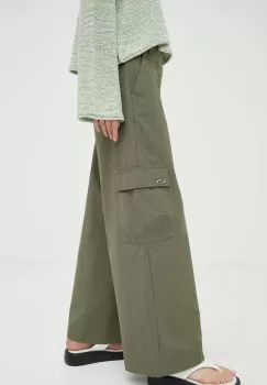 Resume pantaloni de bumbac culoarea verde, lat, high waist imagine