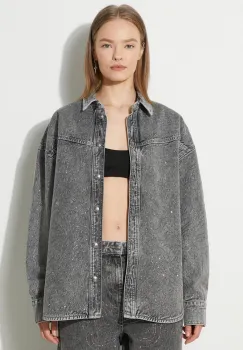 Rotate camasa jeans Rhinestone Denim Shirt femei, culoarea gri, cu guler clasic, relaxed, 113014D06 imagine