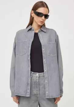 Samsoe Samsoe camasa jeans femei, culoarea gri, cu guler clasic, relaxed imagine