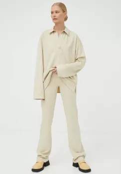 Samsoe Samsoe pantaloni femei, culoarea bej, drept, high waist imagine